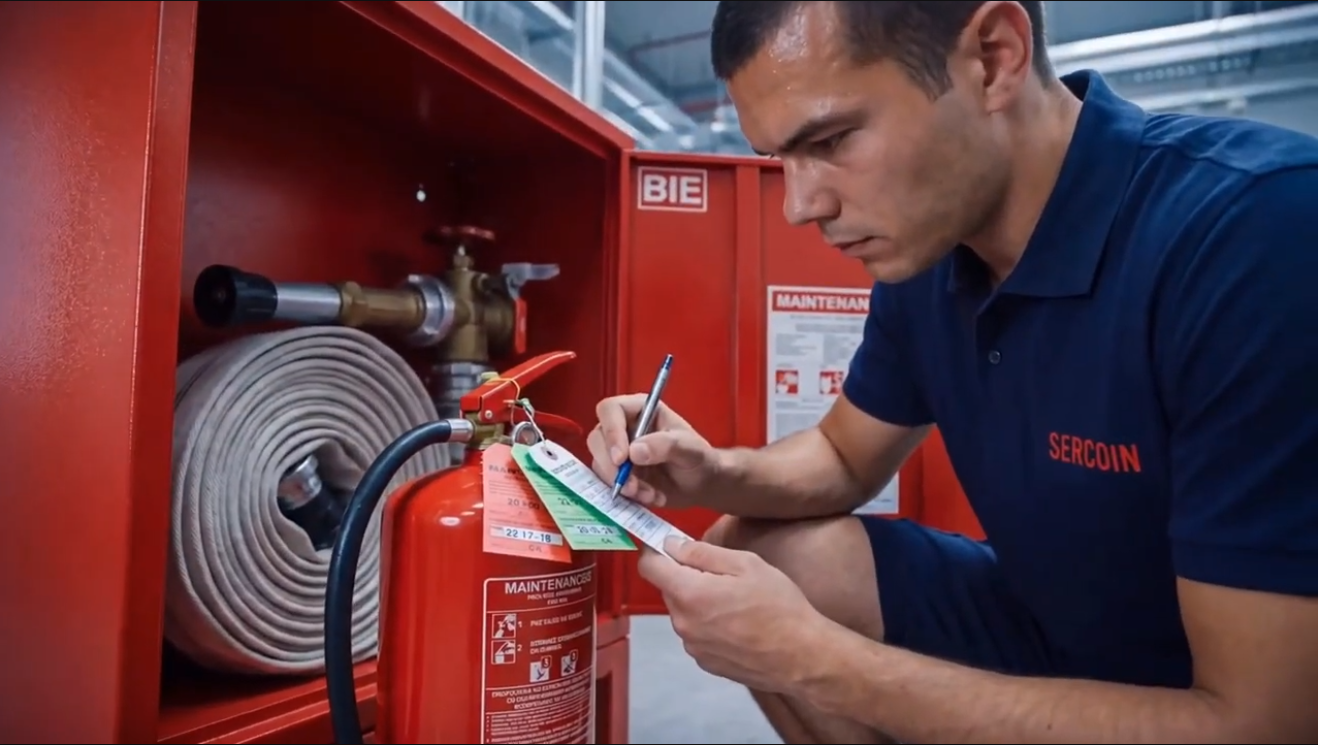 Técnico de Sercoin realizando el mantenimiento de un extintor y una BIE de un sistema de protección contra incendios en la Comunidad de Madrid.